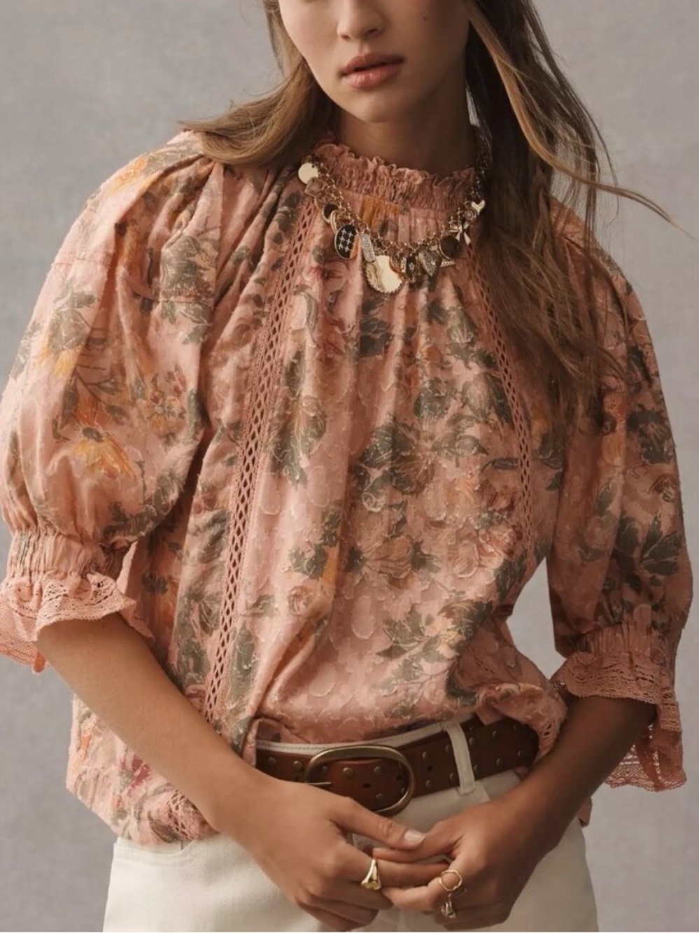 Anthropologie Pilcro Puff Sleeve High Neck Blouse Floral Women Size Medium